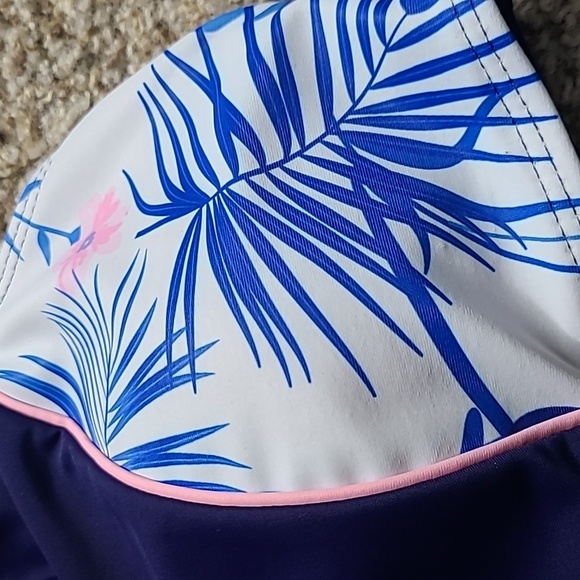 Women's Blue Tropicall Leaf Print Swim Top - Picture 7 of 10